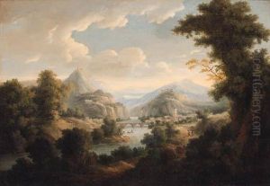An Extensive River Landscape With A Town By A Bridge