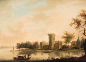 A River Landscape With A Ferry Before A Tower And A Church