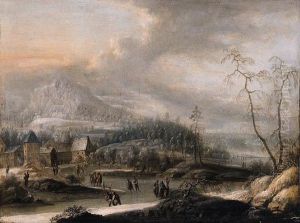 Peasants And Skaters On A Frozen Waterway In A Mountainouslandscape by Johann Christian Vollerdt or Vollaert