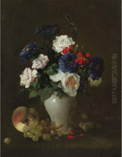 Assorted Flowers In A Vase With Grapes And A Peach On A Table - view 1