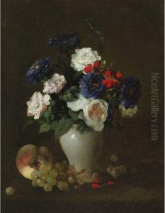 Assorted Flowers In A Vase With Grapes And A Peach On A Table