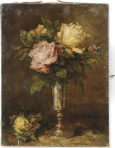 Pink And Yellow Roses In A Glass On A Ledge by Antoine Vollon