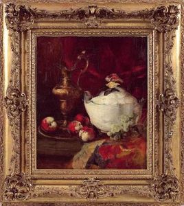Soupiere, Aiguiere Et Fruits Sur Un Entablement by Antoine Vollon