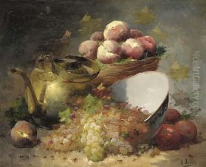 Still Life With Grapes, Peaches And A Brass Kettle by Antoine Vollon