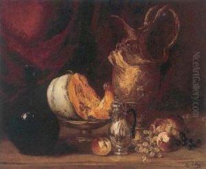 Still Life Of Fruit And Vessels Before A Draped Curtain by Antoine Vollon