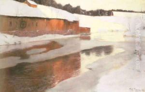 A Factory Building near an Icy River in Winter by Fritz Thaulow