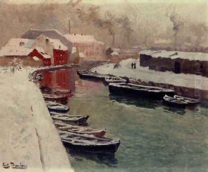 A Snowy Harbor View by Fritz Thaulow