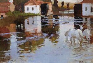 Horses Watering at the Bridge at Montreiul sur Mer, Normandy by Fritz Thaulow