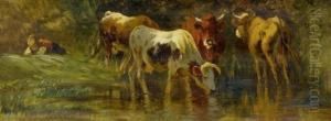 Young Herdsman Withcows At The Waterside. by Friedrich Johann Voltz