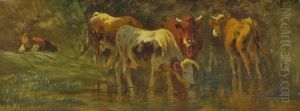 Hutejunge Mit Kuhen An Der Tranke by Friedrich Johann Voltz