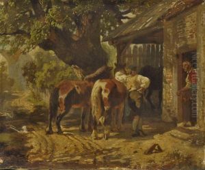 Knecht Mit Zwei Pferden Vor Der Dorfschmiede by Friedrich Johann Voltz