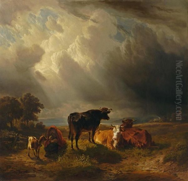 Hirtin Mit Zicklein Und Kuhen In Gewitterlandschaft - view 1