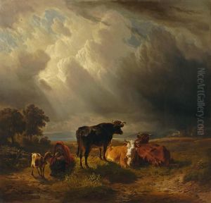 Hirtin Mit Zicklein Und Kuhen In Gewitterlandschaft by Friedrich Johann Voltz