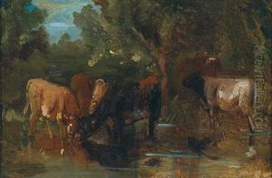 Woodland Landscape With Cattle At The Watering Place by Friedrich Johann Voltz