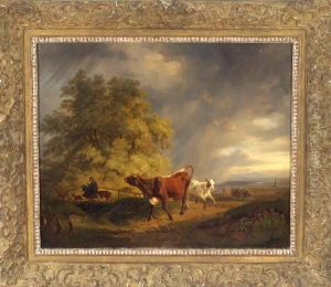 Hirtin Mit Ziegen Und Kuhen Auf Einem Holzsteg Am Waldrand Bei Gewitterstimmung by Friedrich Johann Voltz