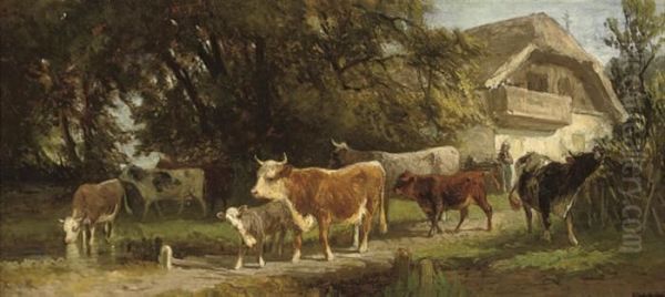 Watering Cattle Before A Farmstead - view 1