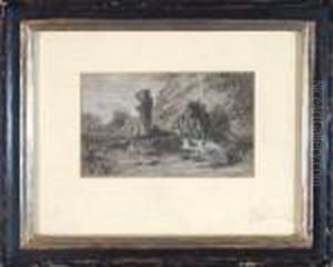 Rastender Hirte Mit Kuhen Vor Bewaldeter Landschaft by Friedrich Johann Voltz