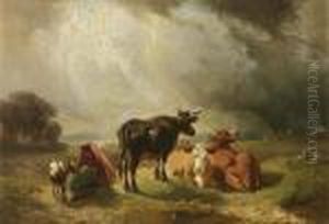 Hirtin, Ziege Und Kuhe Auf Der Weide by Friedrich Johann Voltz