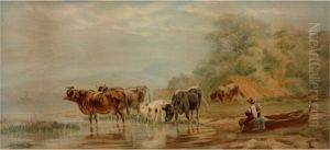 Cattle Drinking, With Herder Sitting On Boat by Friedrich Johann Voltz