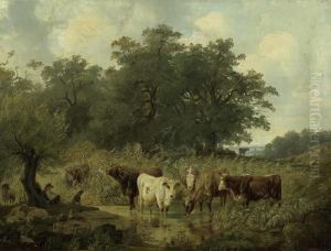 Kuhe Am Fluss Mit Rastendem Hirten Unter Einem Baum. by Friedrich Johann Voltz