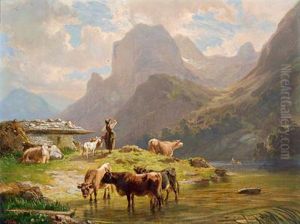 Sennerin Mit Ihrer Herde Auf Der Alm