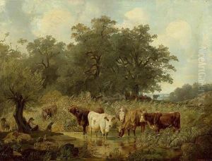 Cows At The River With Herdsmen Resting Under A Tree.