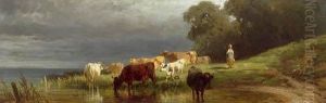 Cows At The River by Friedrich Johann Voltz