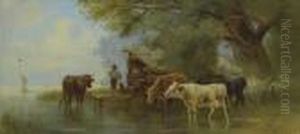 Cows At The Pond. by Friedrich Johann Voltz