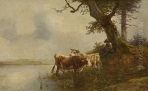 Huterjunge Mit Zwei Kuhen Am
 Wasser. by Friedrich Johann Voltz