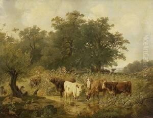Hirte Mit Kuhen Und Schafen An Der
 Tranke by Friedrich Johann Voltz