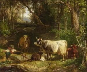 Huterbub Mit Kuhen Und
 Schafen by Friedrich Johann Voltz