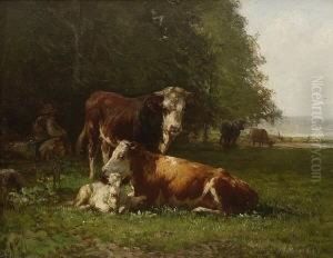 Hirte Mit Kuhen Und Kalb Auf Der
 Weide