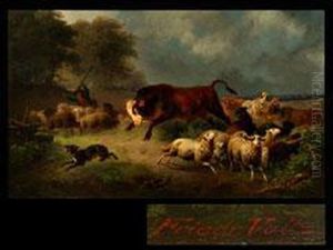 Der Wild Gewordene Stier In Der Schafherde by Friedrich Johann Voltz