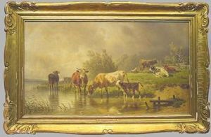 Cattle Watering By Stream Under Darkening Skies by Friedrich Johann Voltz
