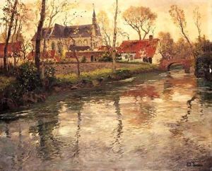 A River Landscape with a Church Beyond by Fritz Thaulow