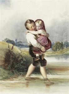 Boy Carrying His Sister Over A Stretch Ofwater.