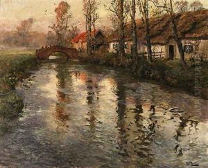 Cottages along a river, Normandy by Fritz Thaulow