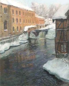 A River Cascade among Factory Buildings on a Winter's Day