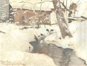 A snow-covered cottage by a stream by Fritz Thaulow
