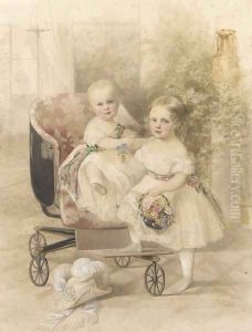 Two children seated on a perambulator Two children seated on a perambulator