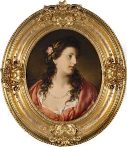 Portrait Of An Elegant Young 
Lady; Depicted Half-length Wearing A Red And White Dress, A Pearl 
Necklace And Roses In Her Hair