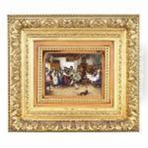Happy Couples Dressed In Tyroleanattire Arriving At A Dance Hall. by Franz Von Defregger