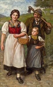 Junge Bauerin Mit Madchen Und Holzknecht by Franz Von Defregger
