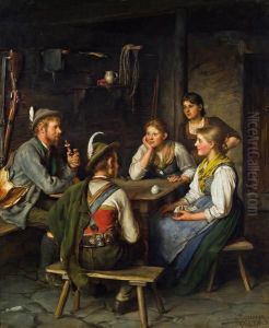 "conversation At The Table With Hunter" by Franz Von Defregger