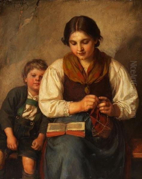 Strickende Bauerin Mit Buben - view 1
