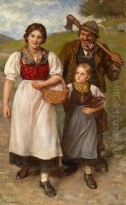 Holzknecht Mit Junger Bauerin Und Madchen by Franz Von Defregger