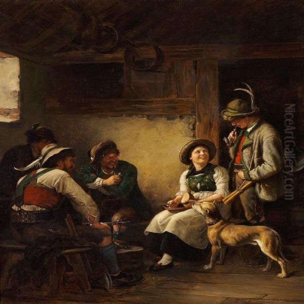 Interior With Four Mountain Hunters And A Young Girl In The Alps - view 1