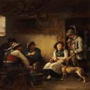 Interior With Four Mountain Hunters And A Young Girl In Thealps by Franz Von Defregger