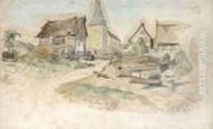 'wallau' (kleines Gebirgsdorf). by Franz Von Defregger