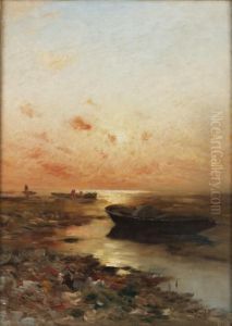 Kustlandskap Med Batar I Solnedgang by Wilhelm von Gegerfelt